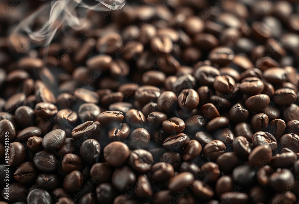 Fototapeta premium Close-up of aromatic coffee beans steaming intensely, harvest, artwork