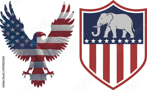 American Eagle Flag Overlay and Republican Elephant Symbol on Shield, Political Graphics