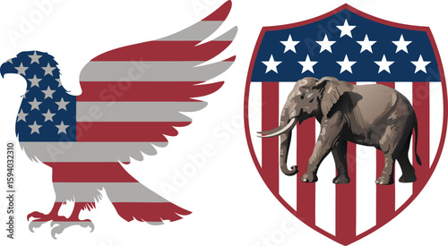 American Flag Eagle and Republican Elephant Symbol on Shield Illustration