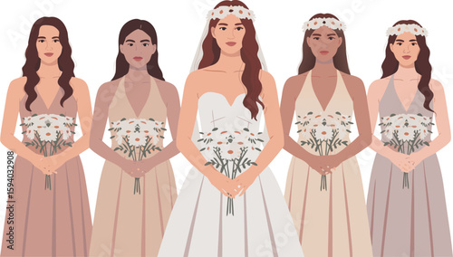 Bride with Bridesmaids Holding Daisy Bouquets, Wearing Neutral Dresses and Floral Headpieces, Wedding Illustration
