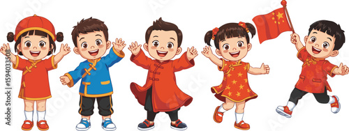 Cartoon Children Celebrating Chinese New Year Wearing Traditional Clothing and Waving with National Flag