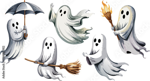 Cartoon Ghosts with Umbrella, Broom, and Torch Halloween Illustration on White Background