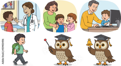 Cartoon Illustrations Boy at Doctor, Mother with Children, Father with Son, Boy with Backpack, Owl Teachers