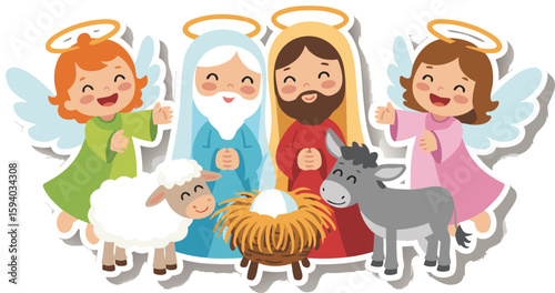 Cartoon Nativity Illustration Featuring Angels, Joseph, Mary, Donkey, Sheep, and Baby Jesus in a Manger