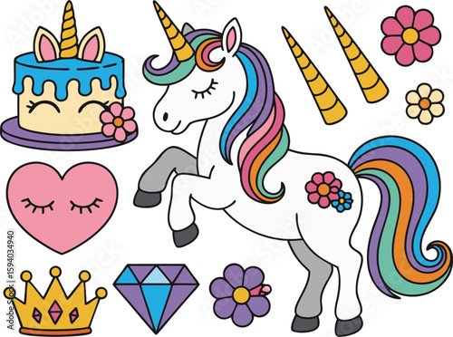 Cartoon Unicorn and Princess Themed Graphics Cake, Heart, Crown, Diamond, Flowers, Horns