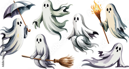 Collection of Cartoon Halloween Ghosts with Umbrella, Broom, and Torch Isolated on White