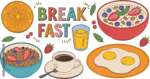 Colorful Breakfast Illustration Oatmeal Bowls, Fried Eggs, Coffee, Orange Juice, and Orange Fruit