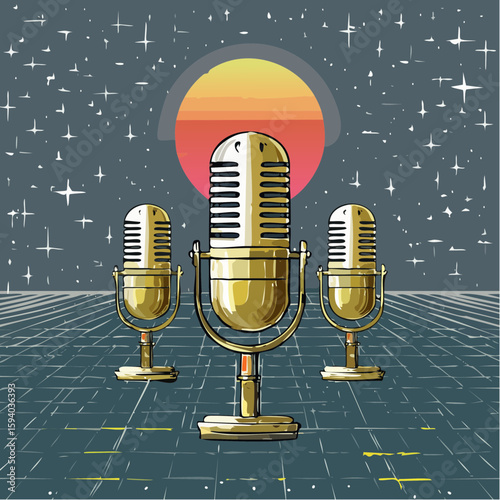 vibrant 80s synthwave retro poster vector with three golden retrievers standing on glowing grid floor perfect for nostalgic and futuristic art