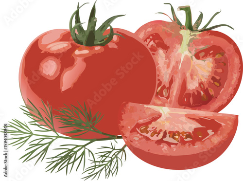 Fresh Tomatoes and Dill Whole, Sliced, and Half Tomato with Greenery, Isolated on White