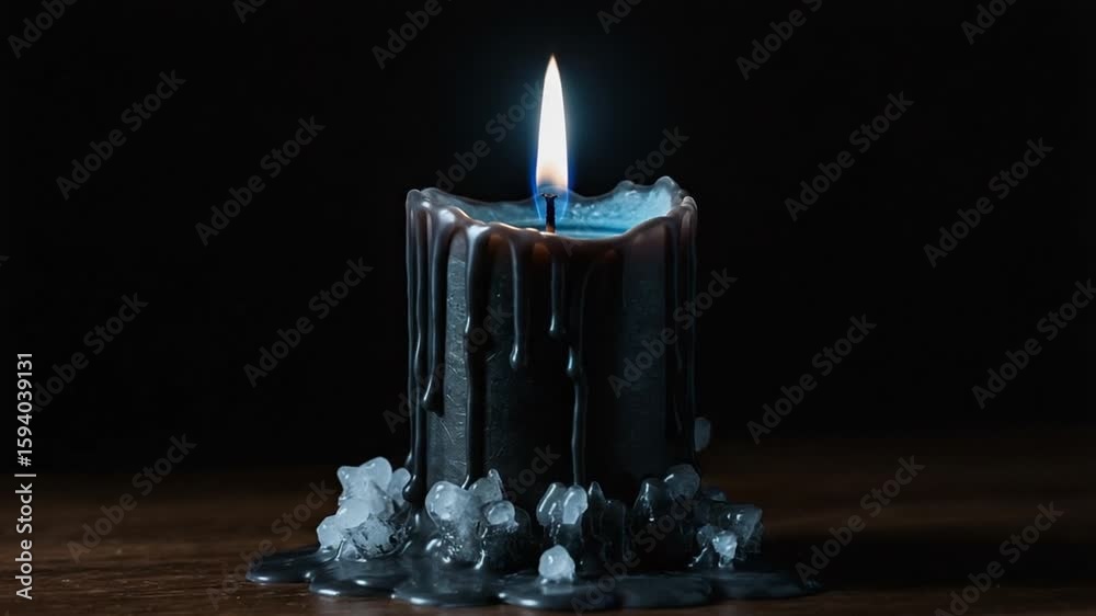 Black candle burning with wax drippings on wood table