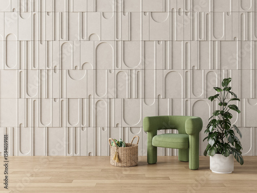 Fototapeta Naklejka Na Ścianę i Meble -  Modern Interior with Green Armchair and Decorative 3D Wall Panels in Minimalist Living Room