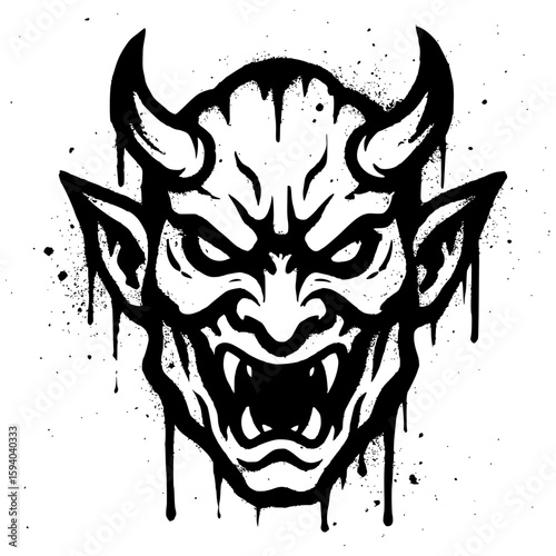 Isolated Black and White Graffiti Style Demon Face with Dripping Paint