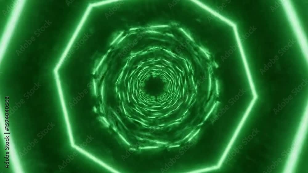 A green geometric tunnellike pattern receding into the center