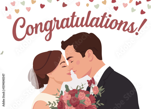 Illustrated Newlyweds Kissing Below Congratulations Text and Heart Confetti, Wedding Celebration Element