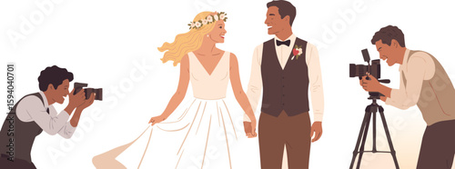 Illustrated Wedding Shoot Smiling Bride and Groom Pose as Photographers the Moment