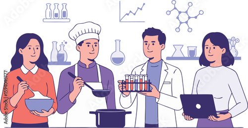 Illustration of Cook, Baker, Scientist, and Researcher Working Together in Kitchen and Laboratory