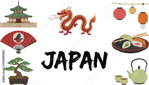 Japan Cultural Symbols Temple, Dragon, Fan, Bonsai, Lanterns, Sushi, Tea Set Still Life