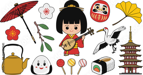 Japanese Culture Cartoon Illustration Featuring Geisha, Pagoda, Origami Crane, and Traditional Elements