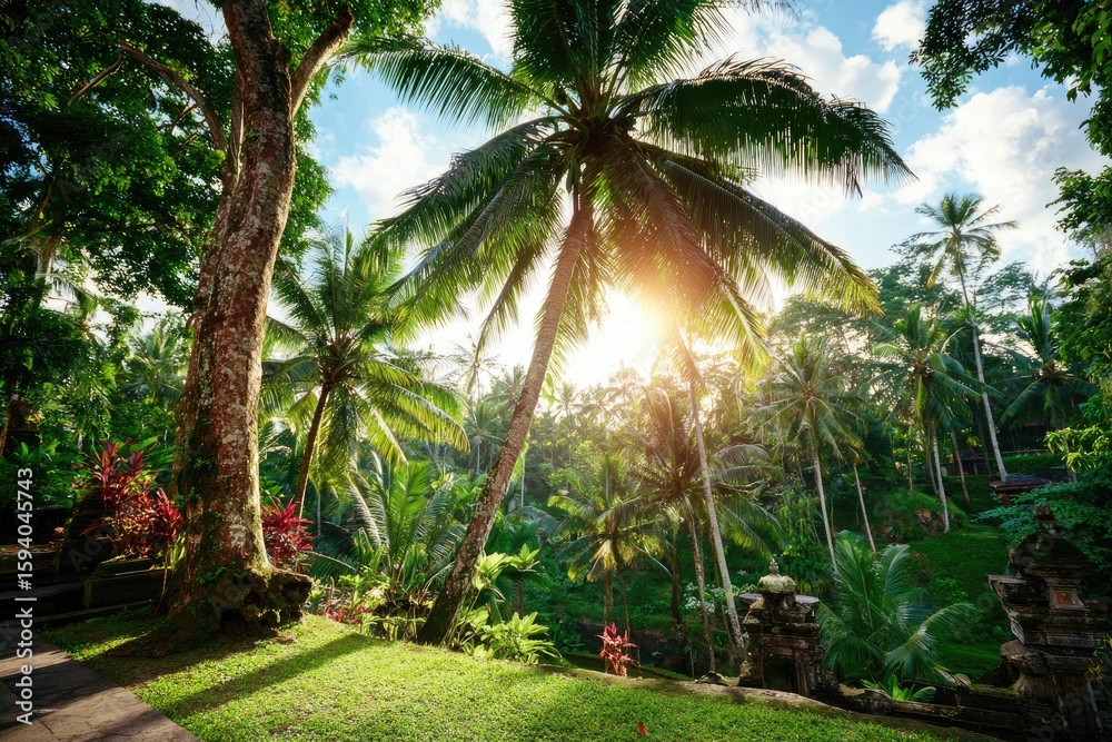 Obraz premium Lush tropical garden, sunlight filtering through palm trees