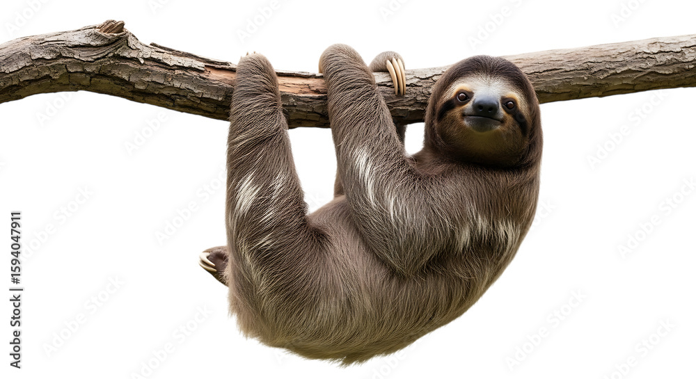 Obraz premium Adorable sloth hanging upside down from a tree branch isolated on transparent background
