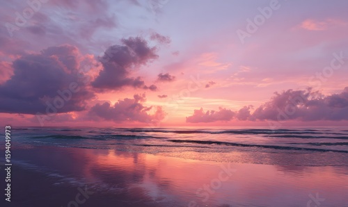  beach with a sky that looks like an expansive galaxy with thick clouds and pink and orange colors