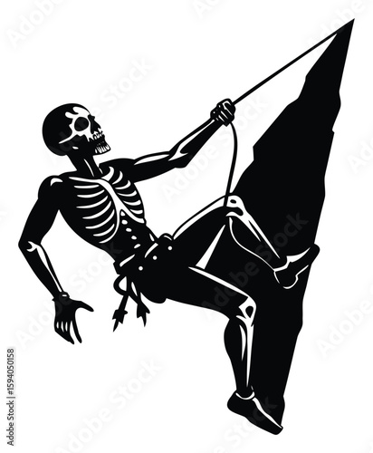 Flat Rappelling Skeleton Rock Climber Silhouette Vector Clipart in Minimalist Style