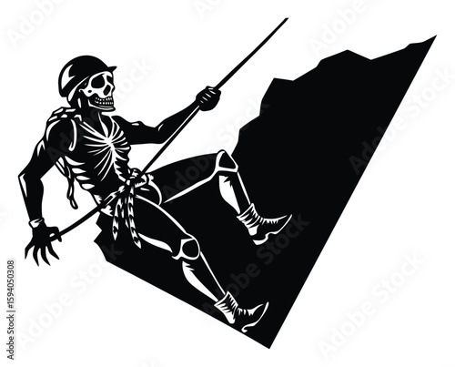 Rappelling Skeleton Rock Climber Silhouette Vector Illustration for Clipart Design