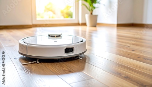 Robotic vacuum cleaner on hardwood floor