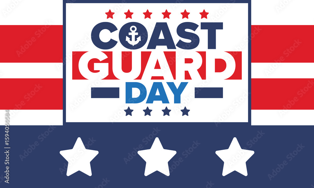 Obraz premium U.S. Coast Guard Day in United States. Federal holiday, celebrated annual in August 4. Sea style. Design with anchor and shield. Patriotic element. Poster, greeting card, banner and background