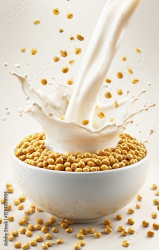 Soy milk pouring over soybeans in a bowl