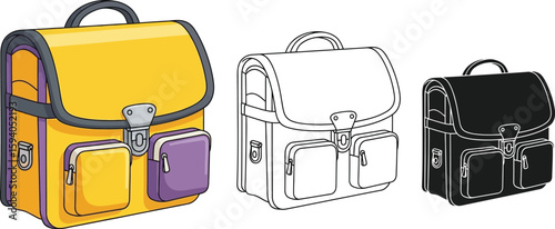 Cartoon school bag vector illustration drawing yellow purple black and white schoolbag satchel backpack 100