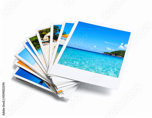 Stack of Printed Holiday Photos on Polaroid Paper: Travel Memories Captured in Instant Prints, Vintage Style Photo Collection, Personal Vacation Snapshot, Leisure Moment Keepsake
