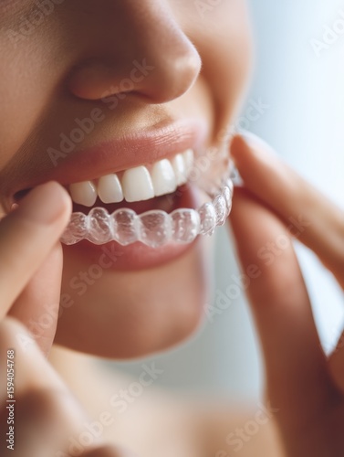 Applying clear aligners for perfect smiles at home dental care oral health indoor close-up aesthetic improvement