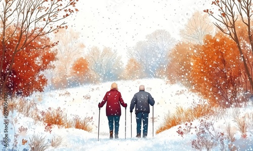 Senior couple using Nordic walking poles while hiking in snow-covered winter nature, showcasing active aging and the enjoyment of outdoor exercise in cold conditions, Generative AI