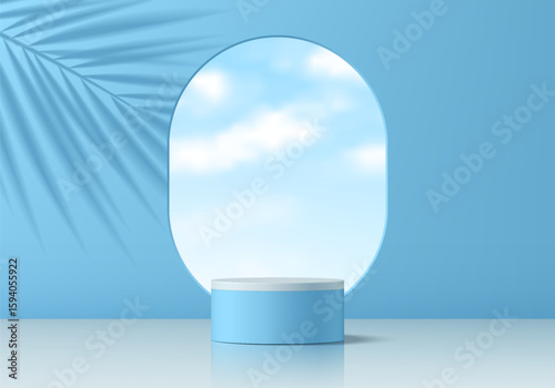 Realistic 3D blue cylindrical podium background with sky in round window, Palm shadow scene. Minimalist mockup pedestal, Abstract product display presentation, Stage showcase. Platforms vector design.