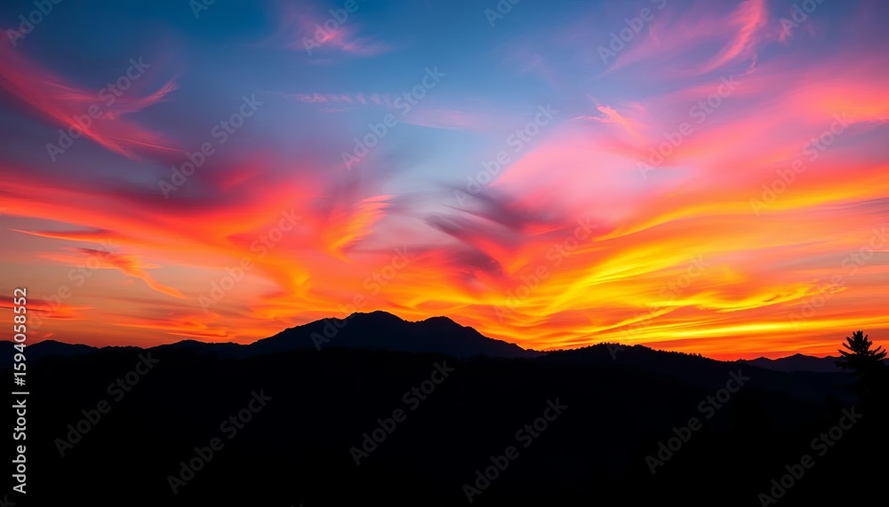 Fototapeta premium Serene sunset silhouettes of mountains and trees against a vibrant sky, mountain range, graphic