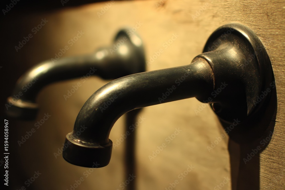Two antique-style wall-mounted faucets on a wooden wall Two antique-style wall-mounted faucets on a wooden wall