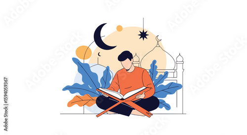 A person reading the quran under the night sky with a crescent moon and stars