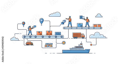 Global logistics network operations with goods transportation via ships and trucks