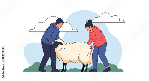 Two people carefully holding a sheep for examination and care on a sunny day outdoors