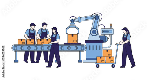 Automated production line with robotic arm and human workers