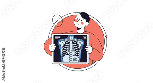 Medical illustration of a person holding a chest x-ray showing lungs and rib cage