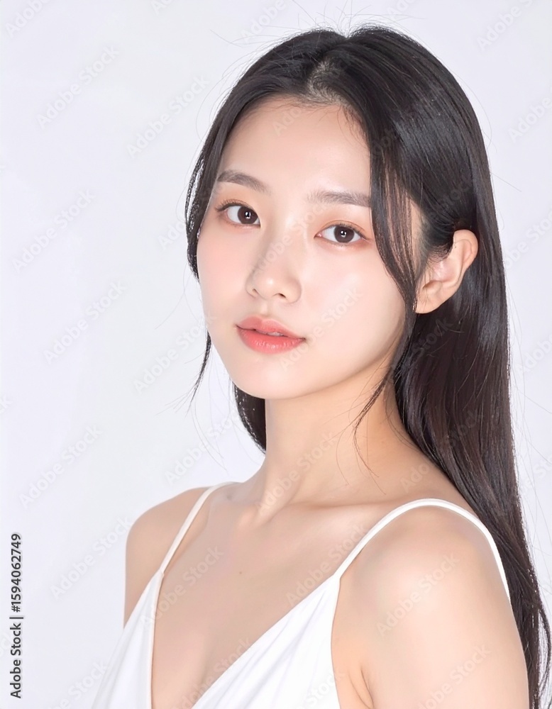 日本人, 超リアル, 美しい若い女性, 長い黒髪, 自然なメイク, 白いキャミソール, 肌が輝くクローズアップ, 柔らかなライティング, 美容広告風, スタジオ背景(白), 高解像度 Japanese, ultra-realistic, beautiful young woman, long black hair, natural makeup 日本人, 超リアル, 美しい若い女性, 長い黒髪, 自然なメイク, 白いキャミソール, 肌が輝くクローズアップ, 柔らかなライティング, 美容広告風, スタジオ背景(白), 高解像度 Japanese, ultra-realistic, beautiful young woman, long black hair, natural makeup