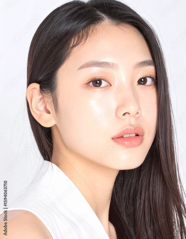 Fototapeta premium 日本人, 超リアル, 美しい若い女性, 長い黒髪, 自然なメイク, 白いキャミソール, 肌が輝くクローズアップ, 柔らかなライティング, 美容広告風, スタジオ背景(白), 高解像度 Japanese, ultra-realistic, beautiful young woman, long black hair, natural makeup