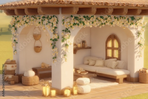 Whimsical, sun-drenched patio gazebo with floral accents and warm tones