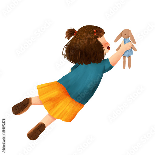 girl with a toy. Kid with bunny doll.