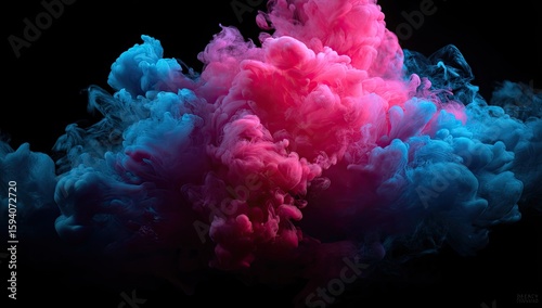 Abstract swirling clouds of vibrant pink and blue dye on black background
