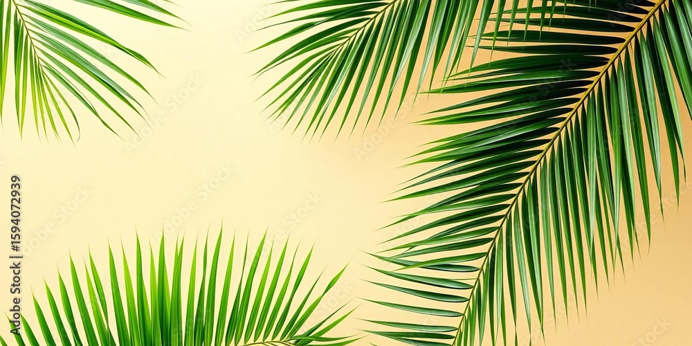 Fototapeta premium Vibrant green palm fronds border a calm beige backdrop, backdrop, calm