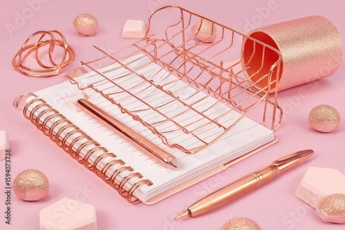 Rose gold stationery set on pink background