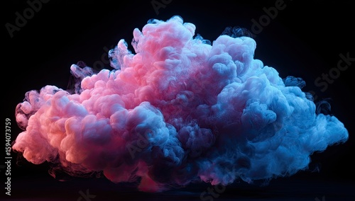 Abstract cloud-like form of vibrant pink and blue ink, illuminated by dramatic lighting